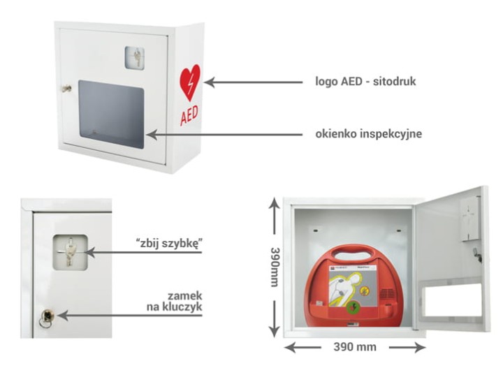 Szafka / skrzynka na defibrylator AED, wewnętrzna z kluczem