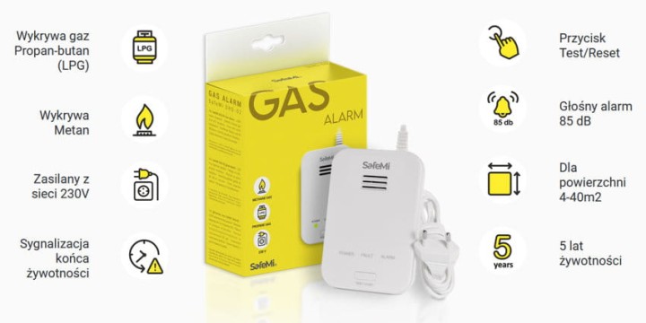 Czujnik gazu SafeMi SHG-02 (propan-butan LPG, metan) 5 lat