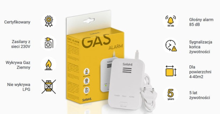 Czujnik gazu ziemnego SafeMi SHG-01 (metan, LNG) 5 lat