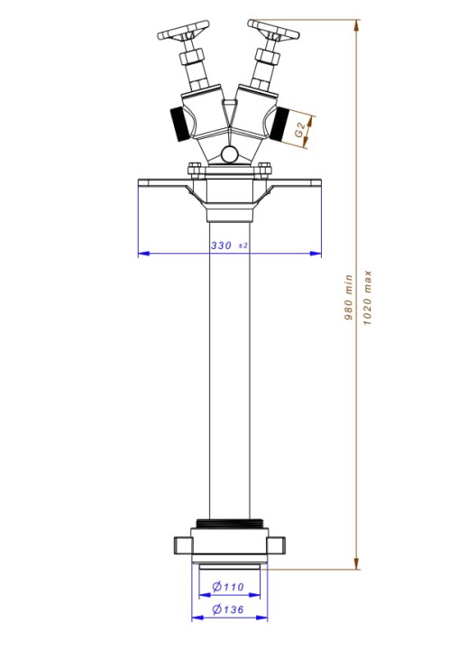 Stojak hydrantowy DN100 podwójny A/CC (2x52), przyłącze DN100, rura DN80