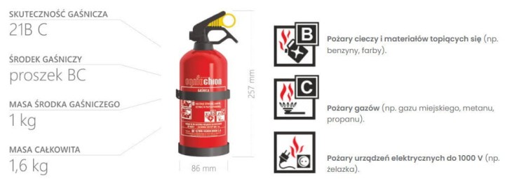 Gaśnica samochodowa 1kg GP-1z BC proszkowa z wieszakiem