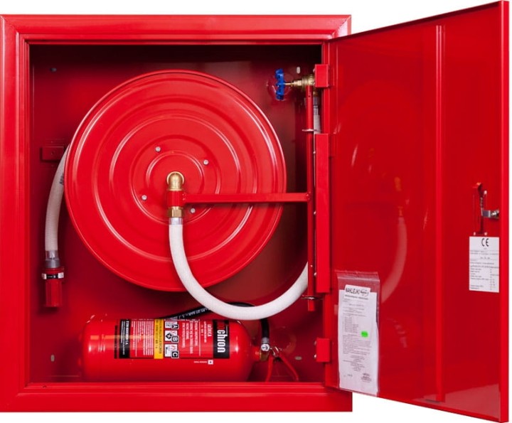 Hydrant wewnętrzny W25/20G wertykalny, wnękowy (podtynkowy) z wężem półsztywnym 25mm dł. 20m i miejscem na gaśnicę