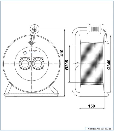 Przedłużacz zwijany 3-fazowy 25m, IP-55, 2x400V, guma 5x2.5, termik, max 11KW